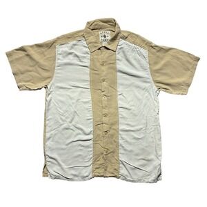 VTG Sette Ponti 100% Silk Y2k Tan Cream Colorblock‎ Short Sleeve Button Up Men M
